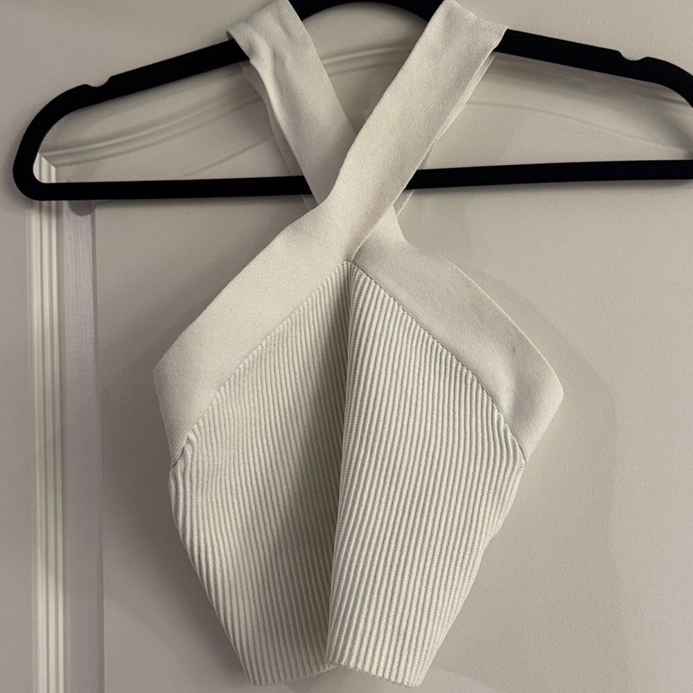 Babaton White Ribbed Halter Crop Top